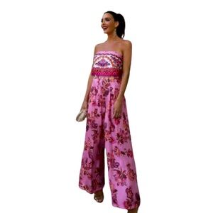 Zara Strapless Floral Multicolored Jumpsuit Pink Satin Effect Wide Leg Size XL